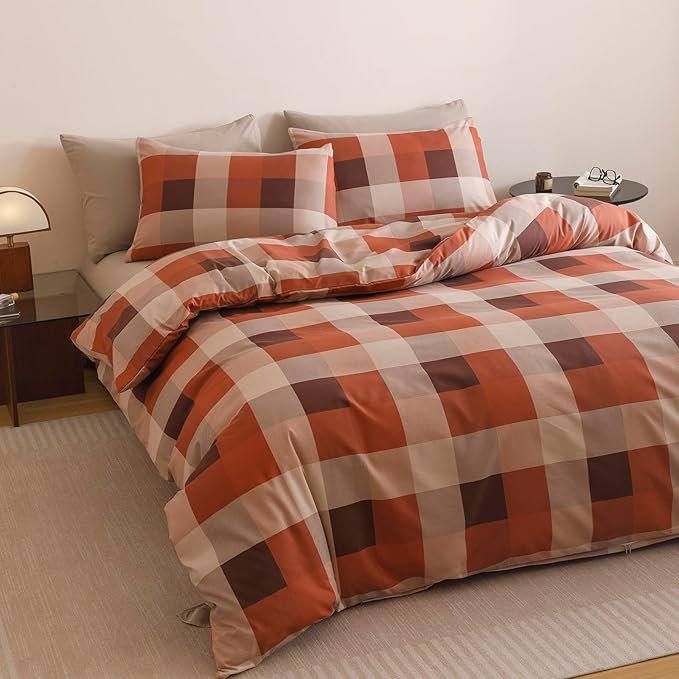 CLOTHKNOW Plaid Twin/Twin XL Comforter Set 3Pcs Gingham Bedding Comforter Sets Rust Brown Khaki Geometric Comforter Twin Sets