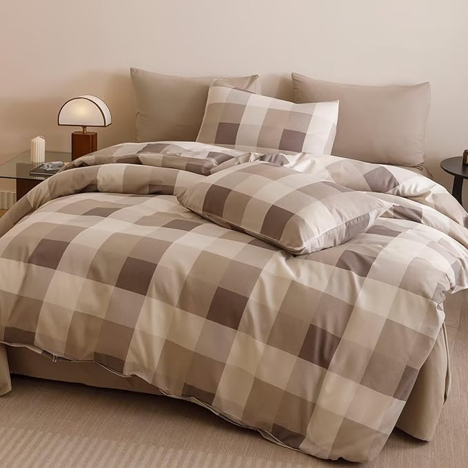 Cottonight Checkered Khaki Comforter Set Full Gingham Grid Bedding Set Khaki and Cream Coffee Grid Comforter Fluffy Soft Bedding Set Kids Teens Full Comforter with 2 Pillowcases