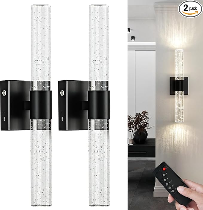 Battery Operated Wireless Wall Sconces Set of Two, Rechargeable Black Wall Sconce Set of 2 with Remote Control, Modern LED Wall Light for Bedroom, Living Room, Hallway (4000K)