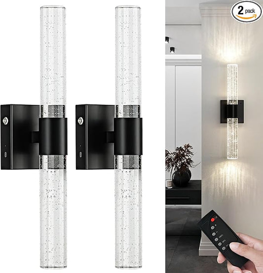 Battery Operated Wireless Wall Sconces Set of Two, Rechargeable Black Wall Sconce Set of 2 with Remote Control, Modern LED Wall Light for Bedroom, Living Room, Hallway (4000K)