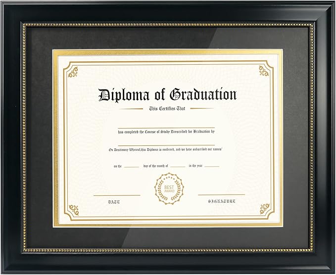 GraduatePro 8.5x11 Diploma Frame with Black Over Gold Mat or Display 11x14 Document Without Mat, CPA License Frame, UV Protection Acrylic, Black with Gold Beads