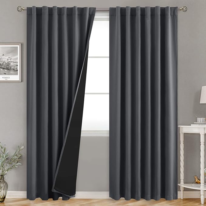 BGment Full Blackout Curtains with Thermal Insulation Liner Curtains 95 Inches Long, Rod Pocket and Back Tab Double Layer Room Darkening Window Curtain for Bedroom(52 x 95 Inch, 2 Panels, Dark Grey)