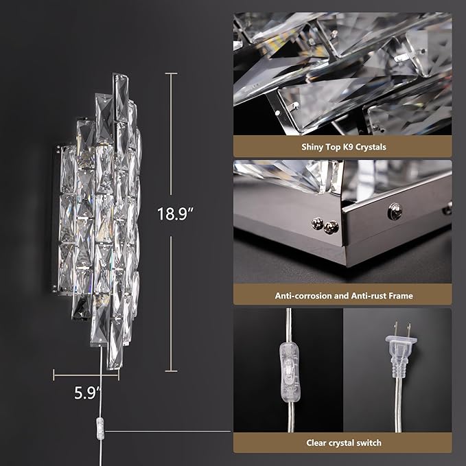 Modern Plug in Wall Sconce Crystal Wall Sconces Indoor Wall Lamp for Bedroom Chrome Light Fixture with Plug in Switch Vanity Wall Mount Lamps for Living Room Bedroom Bathroom Bedside Hallway