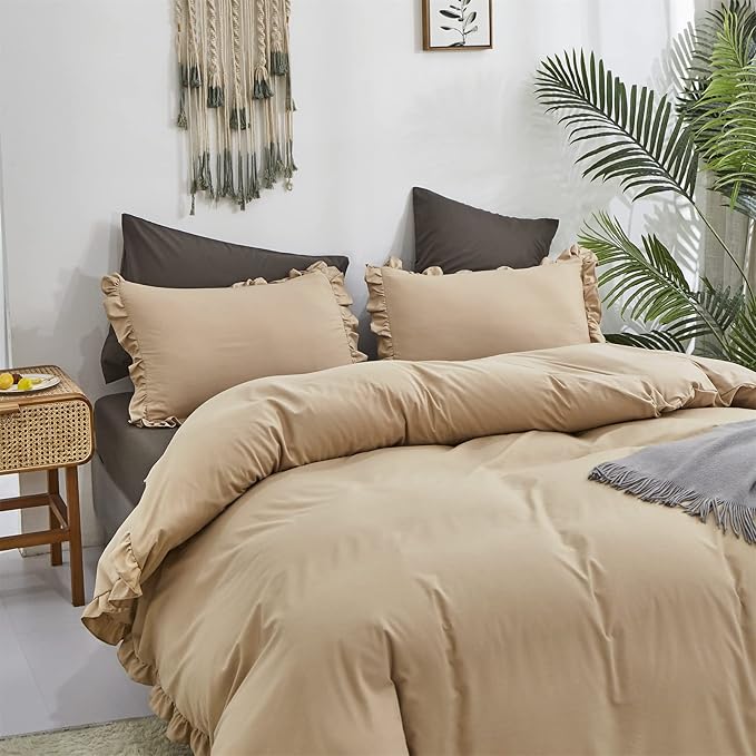 Luxlovery Champagne Ruffle Comforter Set Queen Farmhouse Shabby Khaki Bedding Comforter Set Queen Size Taupe Sand Color Quilts Blankets Vintage Shabby Soft Breathable Boho Bedding Set