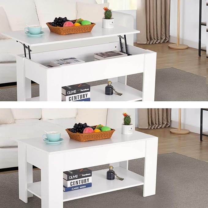 FDW 39.4" Lift Top Coffee Table with Hidden Compartment and Storage Shelf Wooden Lift Tabletop for Home Living Room Reception Room Office,White