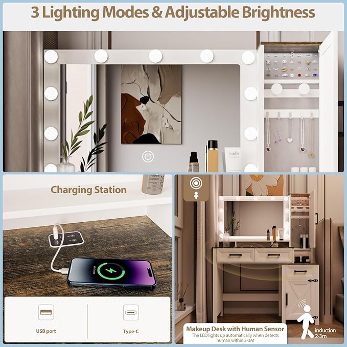 Makeup Vanity, Farmhouse Vanity with Square Mirror & Tricolor Lighting Adjustment, 43'' Fashion Makeup Desk with Two Spacious Drawers, Side Storage Cabinet & Built-in Charging Station, White