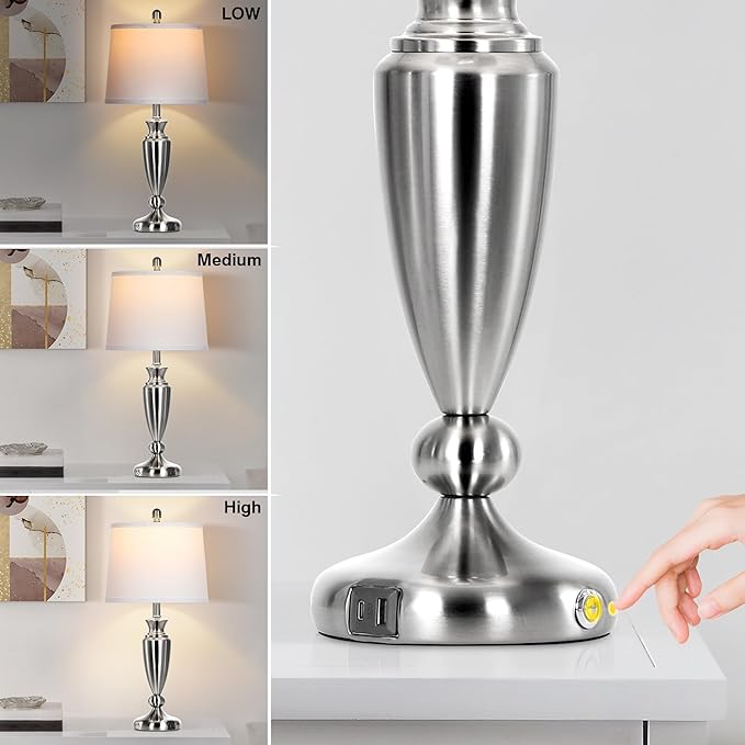 Metal Table Lamps Set of 2, 3 Way Touch Control Silver Bedside Lamps with USB A+C Ports, Modern Brushed Nickel Nightstand Lamps for Bedroom Living Room