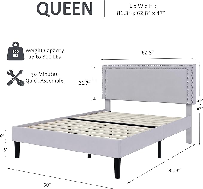 VECELO Queen Size Bed Frame with Height Adjustable Upholstered Headboard, Wooden Slats Platform, Noise-Free Design, Easy Assembly