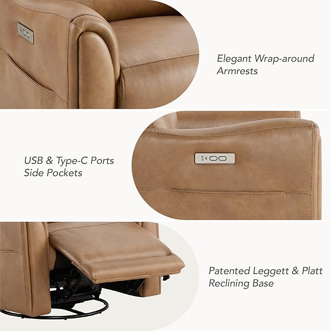 Watson & Whitely Power Recliner Chairs for Adults, Swivel Rocker Recliner Chair with Charging Ports for Living Room, Faux Leather RC011 (Camel)