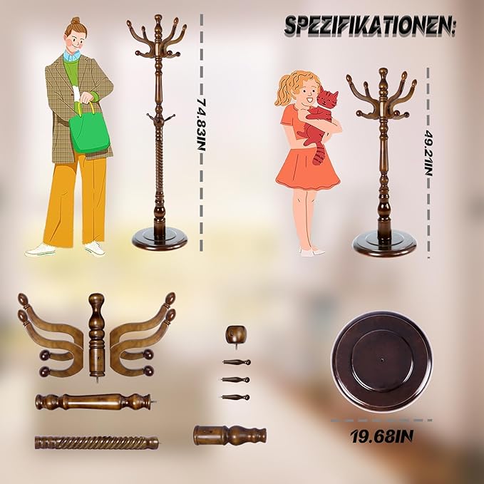 73 in Wood Coat Rack, Coat Rack Freestanding with Stable Round Base, Adjustable Height Tree Coat Racks Stand for Home Bedroom Office Hallway Entryway (Antique color)