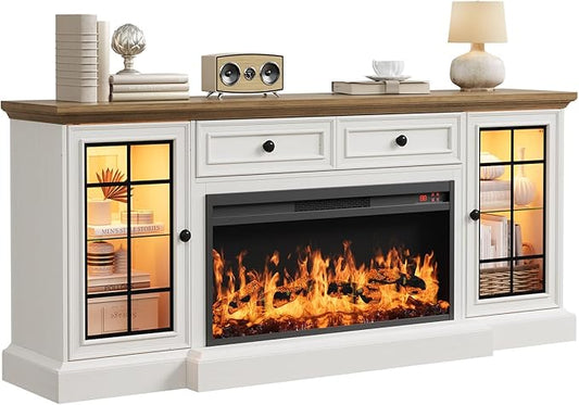 Fireplace TV Stand Up to 80" TVs, 70'' Modern Entertainment Center with 36" Electric Fireplace & LED Lights, Farmhouse Media Console with Storage Cabinet & Drawer for Living Room, Antique White