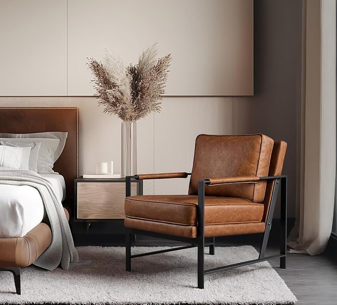 Yaheetech PU Leather Armchair, Retro Leisure Accent Chair with Extra Soft Padded and Cushion, Modern Reading Arm Chair with Black Metal Frame for Living Room/Office/Bedroom/Study, Light Brown