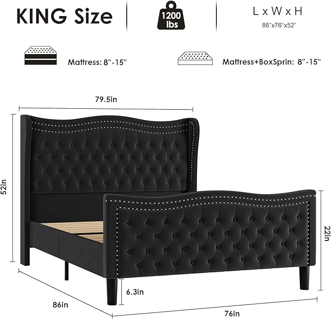 King Bed Frame with Tall Headboard & Footboard, Velvet Upholstered Platform Bed Frame with Deep Button Tufted Wingback, No Box Spring Needed, Noise Free, Black