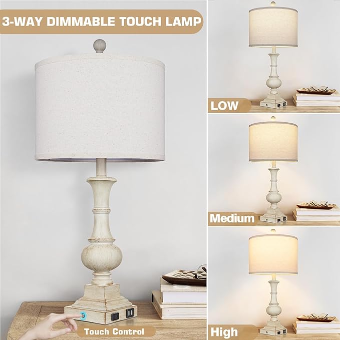 26" Farmhouse Table Lamps Set of 2, Rustic Touch Control Bedside Lamps with 2 USB Ports & AC Outlet, Vintage White Resin 3-Way Dimmable Nightstand Lamp Linen Fabric Shade for Living Room Bedroom Decor