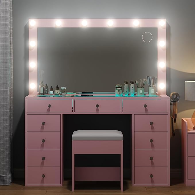 Vanity Desk with Mirror and Lights, Makeup Vanity Desk with Lights 3 Colors, LED Reinforced Glass Vanity, Makeup Vanity with 11 Storage Drawer, Dressing Table for Bedroom Dressing Room (Pink)