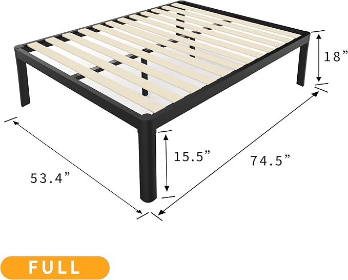 MAF Metal 18 Inch Full Size Platform Bed Frame with Anti-Collision Round Legs, Black 3500 Lbs Heavy Duty Bed Frame with Wood Slats, No Box Spring Needed, Easy Assembly