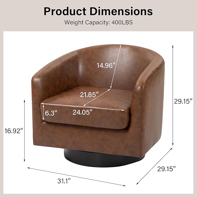 Swivel Barrel Chair, Modern Round PU Leather Accent Armchair for Living Room, Bedroom, Oversized Comfy Club Reading Chairs for Adults (Leather Coffee, Set of 2)