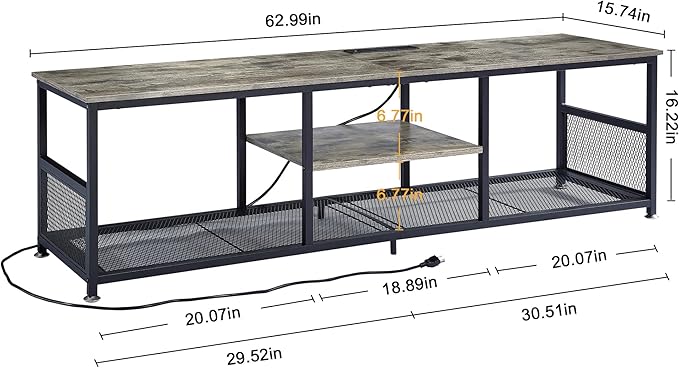 VECELO TV Stand with Power Outlets for Televisions up to 75Inch, 62" Media Entertainment Center with Charging Station 3-Tier Open Storage Shelves with Metal Frame for Living Room/Bedroom，Grey