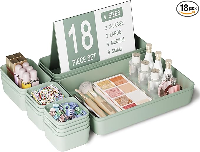 Plastic Drawer Organizers, 18 PCS Drawer Organizer Bins, Bathroom and Vanity Organizer Plastic Tray, Makeup organizer and storage for Makeup, Bedroom, Kitchen Gadgets Utensils and Office (Green)