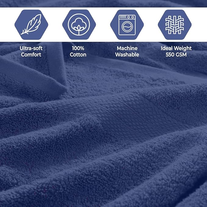Pack of 8 Towels Set, 2 Large Bath Towels, 2 Hand Towels, 4 Wash Cloths, 100% Cotton, Lighter Weight, Quicker to Dry, Super Absorbent, Perfect for Bathroom (Navy)