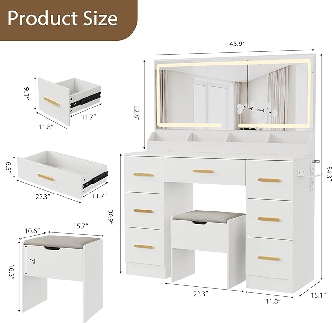Garvee Vanity Desk with Large Mirror and Lights, 45.9In Makeup Vanity Desk, 3 Lighting Modes Adjustable Brightness, Vanity Table with Power Outlet &8 Drawers, for Powder Room and Bedroom