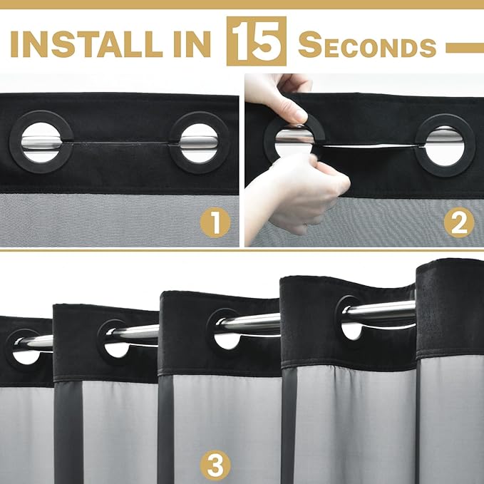 No Hook Shower Curtain with Snap in Liner, Polyester Textured Shower Curtain with Liner Set, Waterproof Washable Hotel Style Shower Curtains for Bathroom, 71Wx74H, Black