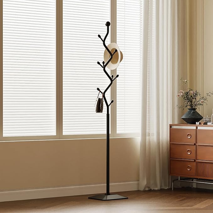 Tree-shaped coat rack,Coat Tree Freestanding with 8 Hooks and Sturdy Metal Base for Coat Hats Purses,Coat Stand for Entryway,Bedroom(black)