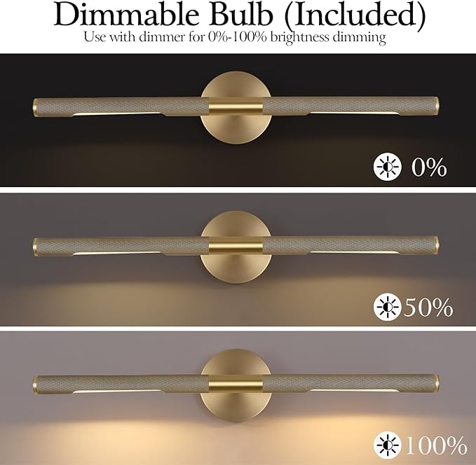 Gold Brass Hardwired Picture Light, 30" Knurled Dimmable Rotatable 360° Picture Lights for Wall, Vanity Light, Gallery Wall Light, Art Lighting, Picture Frame Light,Include Bulb