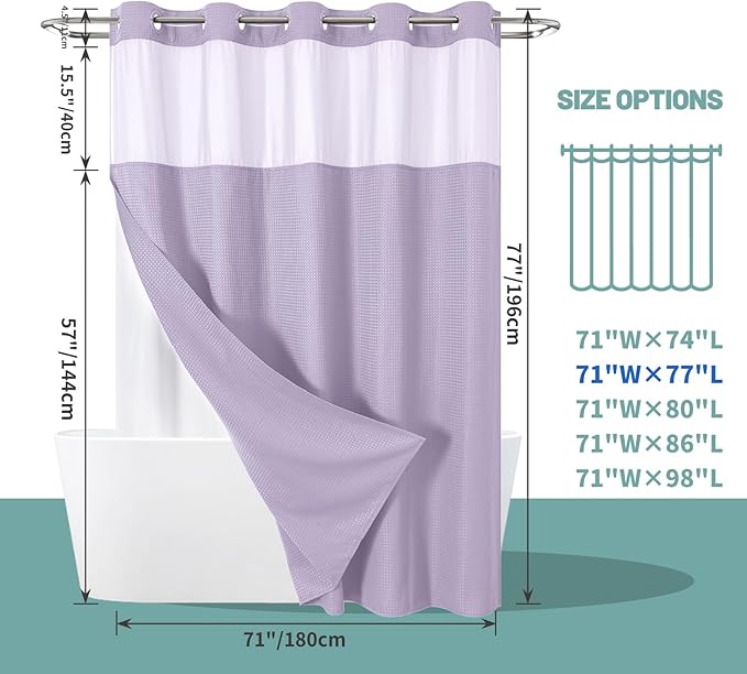 Lavender No Hook Waffle Weave Shower Curtain with snap-in Liner Replacement, 230GSM Waterproof Fabric Hotel Shower Curtain Set for Bathroom, Through Mesh Top Window,71Wx77H