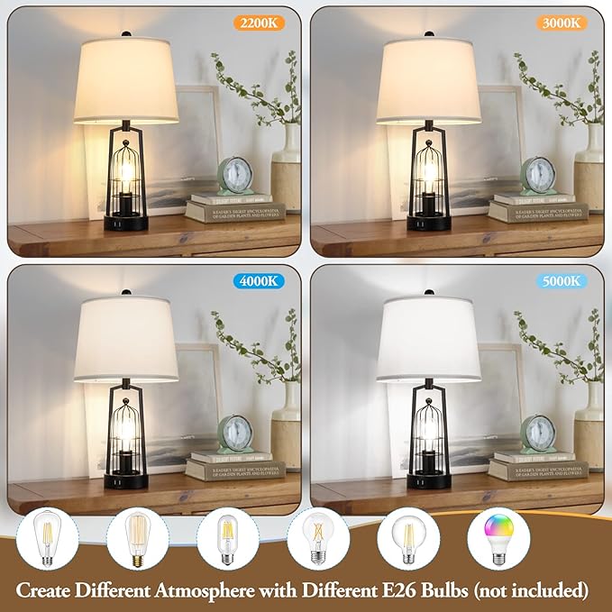 Farmhouse Table Lamps with 2 USB Ports, Set of 2 Rustic Industrial Desk Lamp for Living Room, 2-Light Black Bedside Lamp, Bedroom Nightstand Lamp with White Lampshade for House Decor, Reading