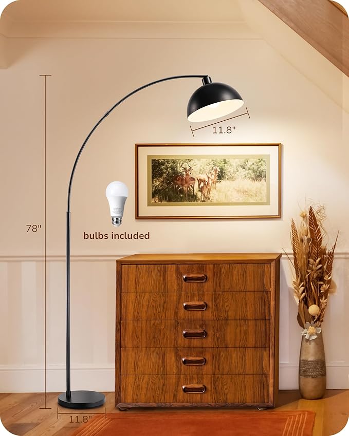 EDISHINE Modern Arc Floor Lamp, 78.3" Mid Century Reading Lamps Over Chair with Remote & Foot Switch, Rotatable Lamp Head, Metal Floor Lamp for Bedroom, Office, Living Room, Dining Room, Black