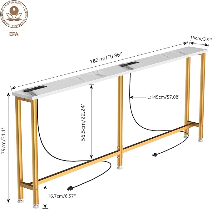 70Inch Console Table with Outlet, Sofa Table with Charger,Skinny Hallway Table, Narrow Entryway Table,Table Behind Sofa,for Living Room,Gold & White