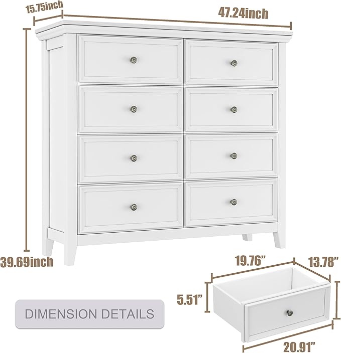 BLANKSPACE White 8 Drawer Dresser, Modern Dresser for Bedroom, Wood Drawer Organizer with Metal Knobs, Large Capacity Cabinet for Bedroom, Hallway