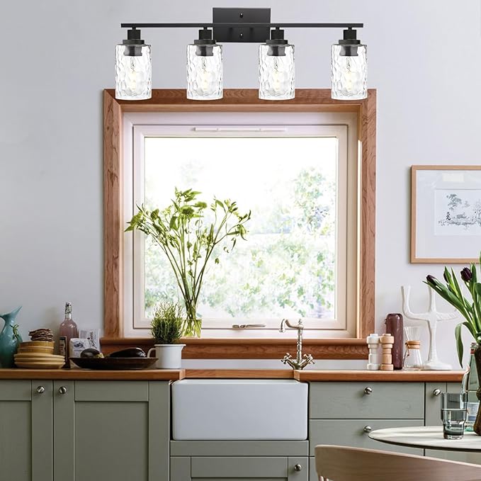 MELUCEE Wall Light Fixture, 4-Light Black Bathroom Vanity Light Over Mirror with Clear Hammered Glass, Modern Wall Sconces Lamp for Powder Room Bedroom Kitchen Porch (Patent No.: US D963914 S)