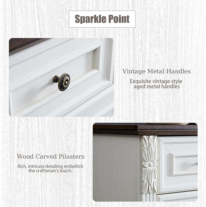 BLANKSPACE Farmhouse Dresser for Bedroom, 10 Chest of Drawers Antique White Cabinet Organizer with Carved Design for Living Room