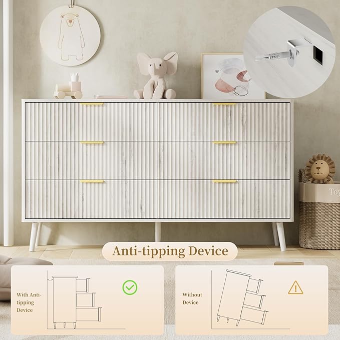 LYNSOM 55" Wide Fluted Dresser for Bedroom with 6 Drawer, Modern Chest of Drawers with Curved Profile Design and Metal Handles, Wood Dresser TV Stand & Storage Organizer for Living Room, White