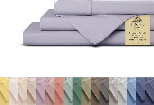 Linen Home 100% Cotton Percale Sheets King Size, Prelude Purple, Deep Pocket, 4 Pieces Set - 1 Flat, 1 Deep Pocket Fitted Sheet and 2 Pillowcases, Crisp Cool and Strong Bed Linen