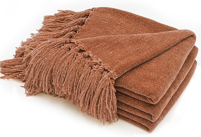 RECYCO Throw Blanket Soft Cozy Chenille Throw Blanket with Fringe Tassel for Couch Sofa Chair Bed Living Room Gift (Rust, 50" x 60")
