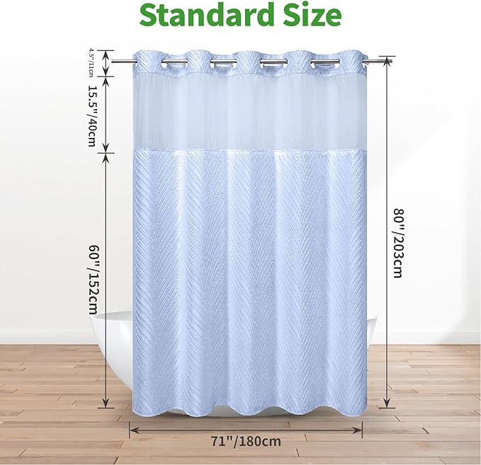 no Hook Shower Curtain and Liner Set，Boho Style with See Through Top Window, Blue Fabric Tufted Striped Textured Outer Curtain & Waterproof Inner Liner, FrostBlue, 71Wx80H