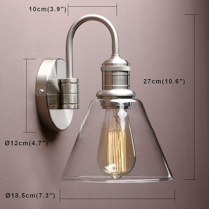 Yosoan 1-Light Brass Modern Vintage Indoor Wall Sconce, Vanity Single Luxury Hardwired Retro Textured Clear Funnel Flared Glass Shade with Industrial Gooseneck Curved Rod Bathroom Lamp(Brushed)