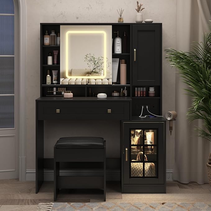 Vabches Vanity Desk with Sliding Mirror and Lights, 41.8'' Black Makeup Vanity Table with Jewelry Storage & Charging Station, Stool, Large Drawer, Visual Cabinet, 3 Lighting Modes, Adjustable Shelves
