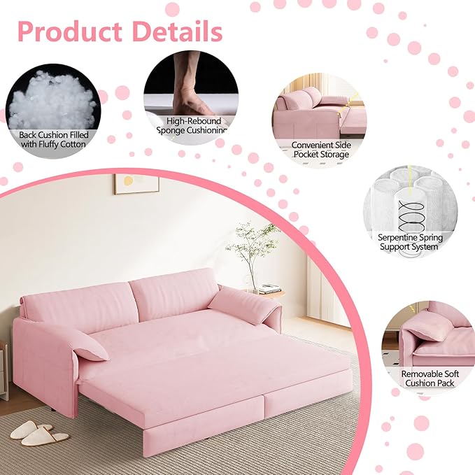 66-Inch Queen Size Convertible Sleeper Sofa Bed, 3-in-1 Pull-Out Futon Loveseat, Velvet Love Seat Couch with Side Pocket for Living Room, Office, Apartment, RV, Hide-A-Bed Fold Out Sofa&Couch