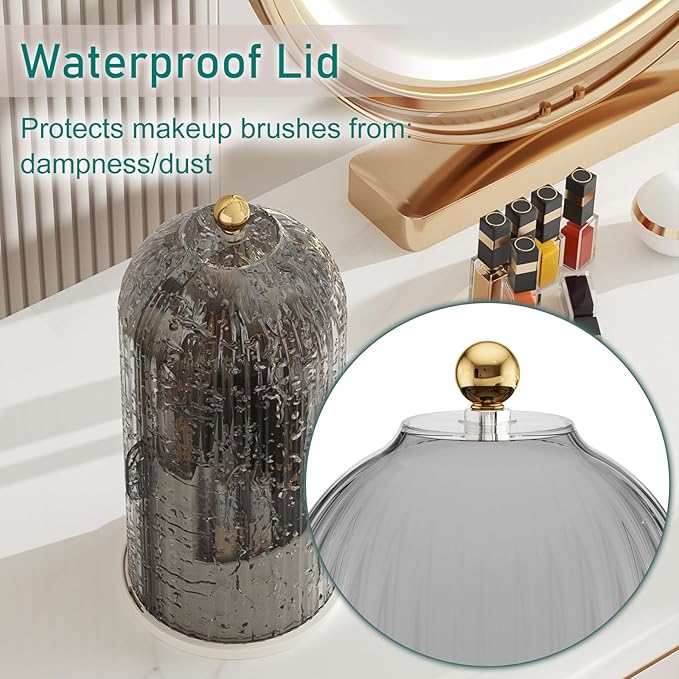 GAXmi Makeup Brush Holder with Lid Cosmetic Tools Organizer 360 Rotating Waterproof Dustproof Makeup Brushes Storage for Vanity, Grey
