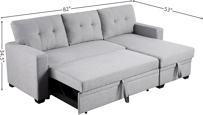 L-Shape Sofa Bed, 82" Sectional Couch with Storage Chaise, Pull Out Sleeper Sofa with Removable Back Cushions, Convertible Corner Couch for Living Room Apartment, Gray