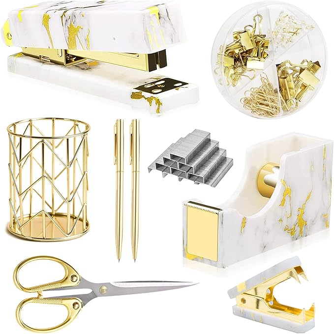 Gold Marble Desk Accessories, Office Supplies Set Stapler Set Staple Remover, Tape Holder, Pen Holder, 2 Ballpoint Pen, Scissor, Binder Clips, Paper Clips and 1000pcs Staples.