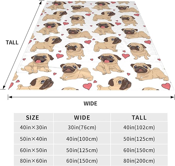 Flannel Fleece Throw Blanket, Fun Cartoon Pug Lightweight Throw Blanket, Travel Blanket Cozy Plush Warm Blankets for Bedroom Living Rooms Sofa Beds Office 50x40 Inch