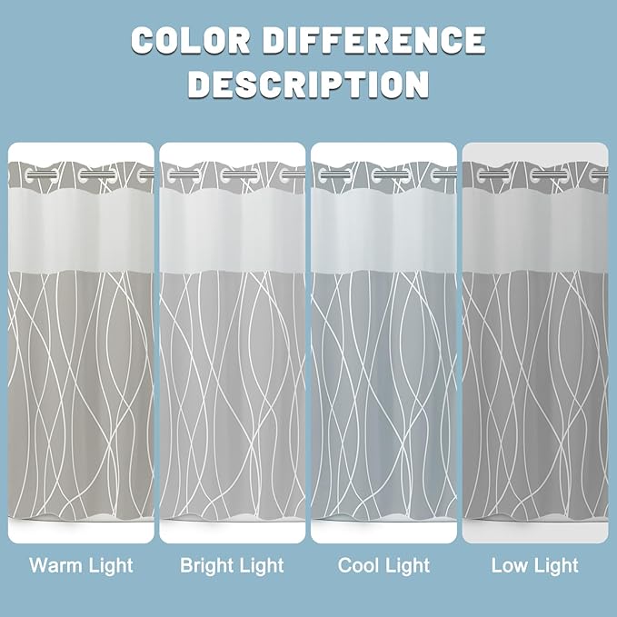 No Hook Light Grey Striped Shower Curtain with Snap in Liner Set - Hotel Shower Curtain and Liner Set with See Through Mesh Top Window,Machine Washable, 71x74 INCH