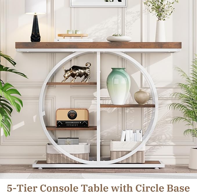 41.3" Console Table for Entryway, Industrial Hallway Sofa Table with Storage Shelves, Narrow Accent Decor Living Room Furniture with Circle Base for Foyer, Entrance, Brown White