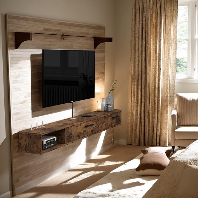 Pmnianhua Farmhouse Floating TV Stand with 2 Doors,66'' Under TV Shelf Floating,Wall Mounted TV Shelf,Rustic Floating TV Console for Under TV(Rustic Brown)