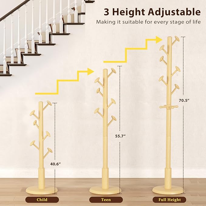 Solid Wood Coat Rack Freestanding Coat Tree with 10 Hooks for Bedroom, Livingroom, Entryway, Sturdy Coat Hanger Stand for Hats, Coats, Scarves, Handbags, Purses